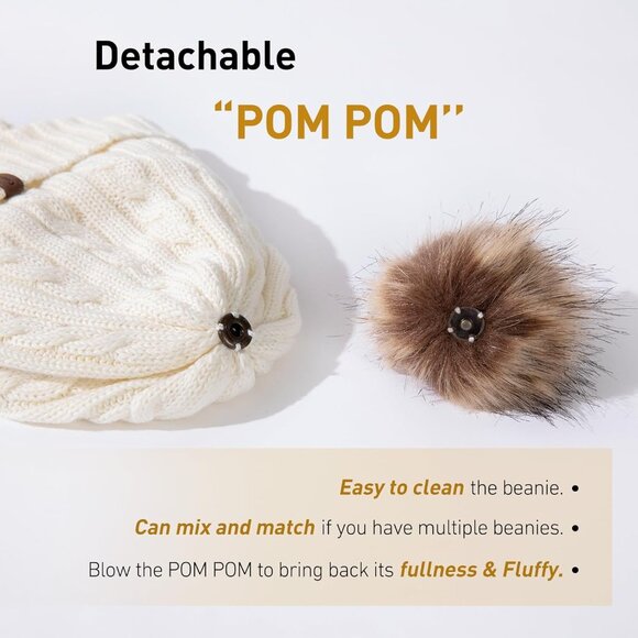 Wool Fleece Lined Beanie with Detachable Pompom Warm Winter Hat for Women - Picture 6 of 6